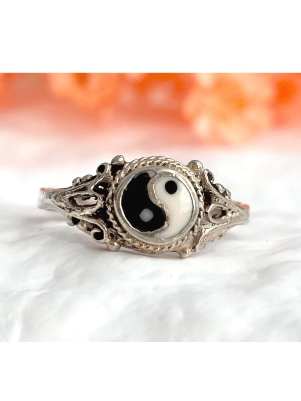 Yin Yang Peace Sign Enamel Sterling Silver 925 Retro Vintage Ring - sz 6.5